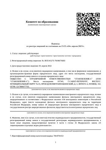 Выписка из реестра лицензий на осуществление образовательной деятельности «04» апреля 2023 г.
